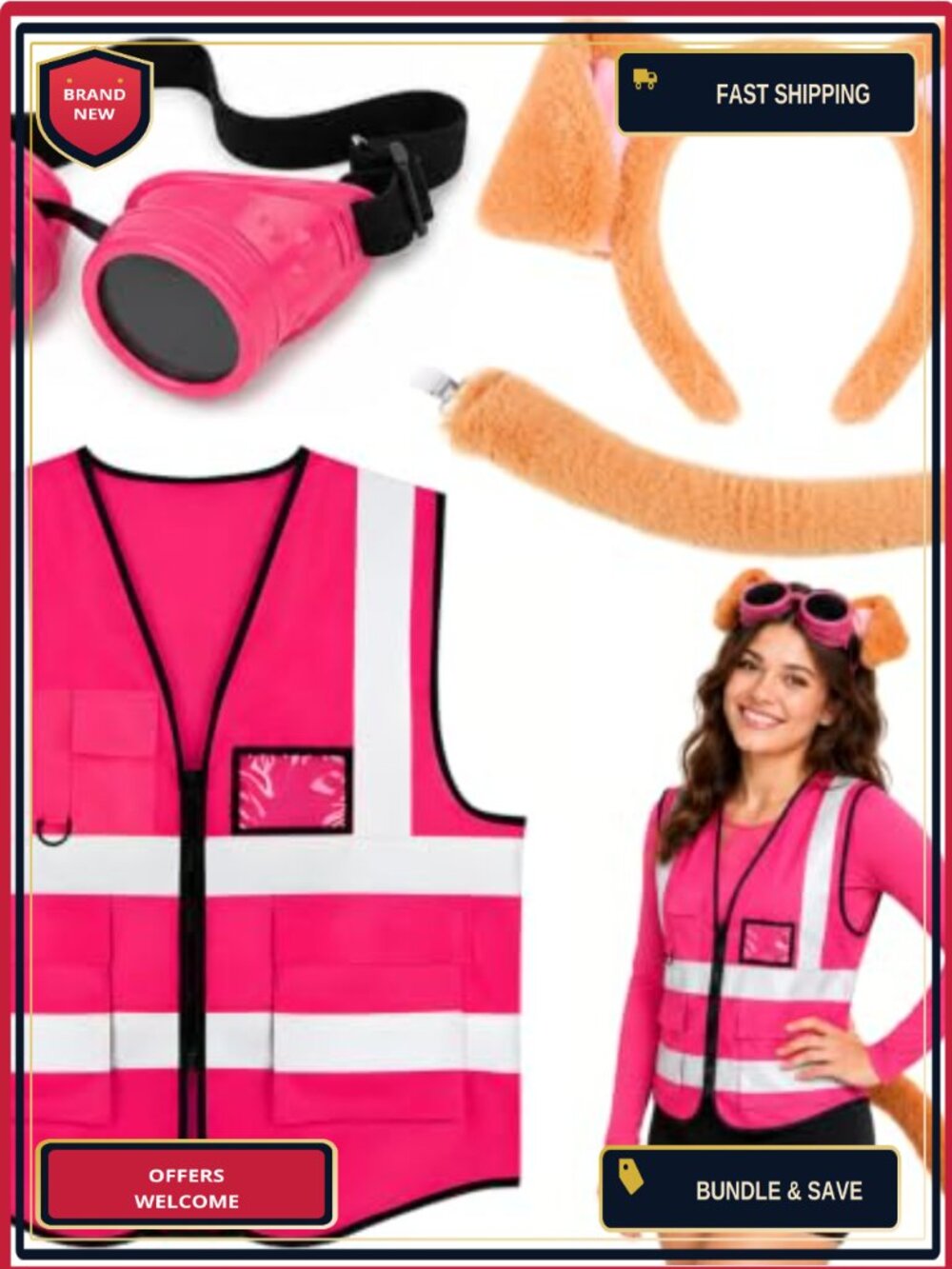 4 Pc Dog Costume Set Headband Tail Reflective Vest Goggles Cosplay